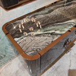 Elegant TV Stand with Natural Wood Veneer, Marble Top, Stainless Steel Frame and Concealed Storage Compartments